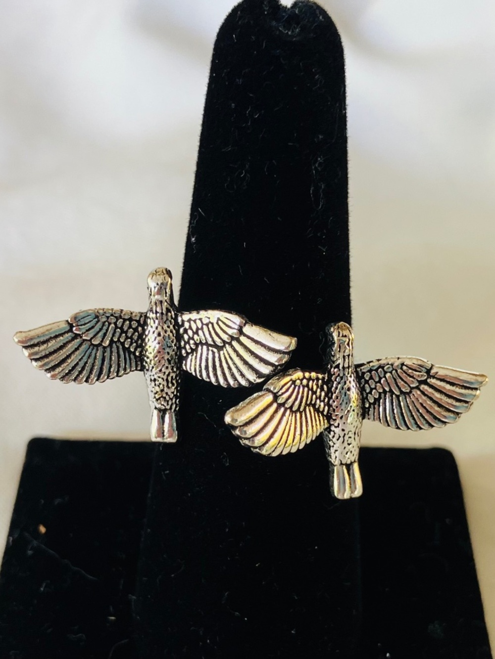 New Large Silver Tone Double Bird in Flight Adjustable Ring / Statement Ring
